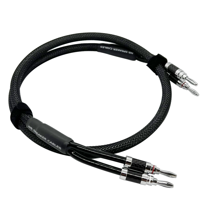 NB Speaker Cables Elitist speaker cable with black braided sleeving and carbon-fibre banana plugs.